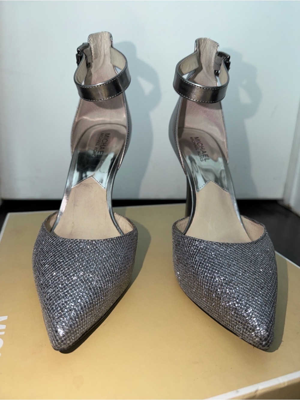 Michael Kors Metallic Silver Glitter Pointed-Toe Ankle-Strap Heels - Picture 5 of 14